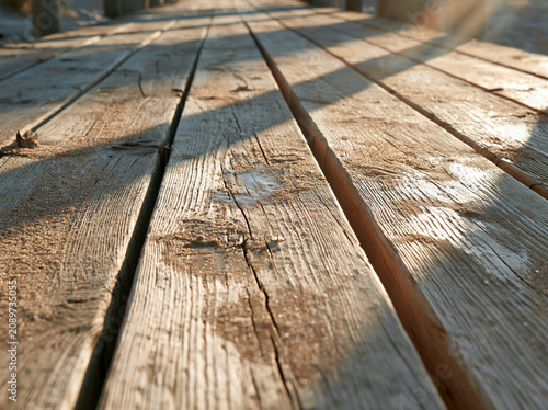 Whitewashed wooden deck boards with sand grain texture