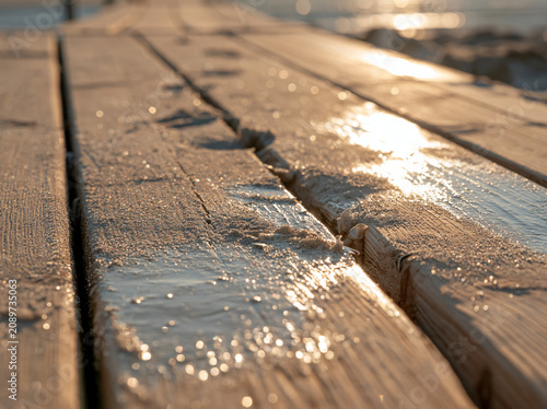 Macro wooden deck boards with sand and sun highlights