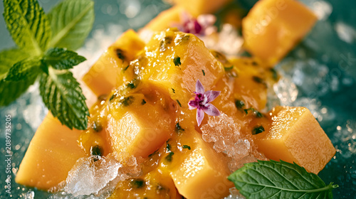 Passion fruit pulp over mango with fresh mint