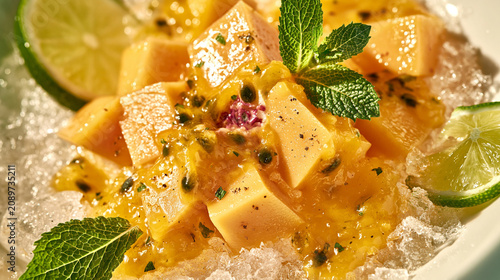 Macro mango cubes with passion fruit pulp and mint
