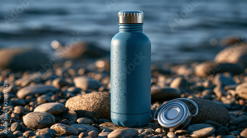 Blue reusable water bottle on rocks by the sea