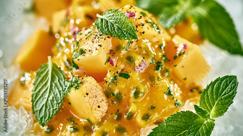 Mango cubes with passion fruit pulp and mint leaves macro