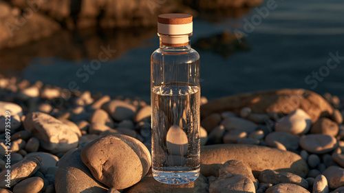 Clear reusable water bottle on rocks with ocean backdrop