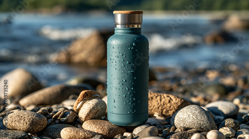 Reusable bottle on beach rocks with sunlit shoreline background