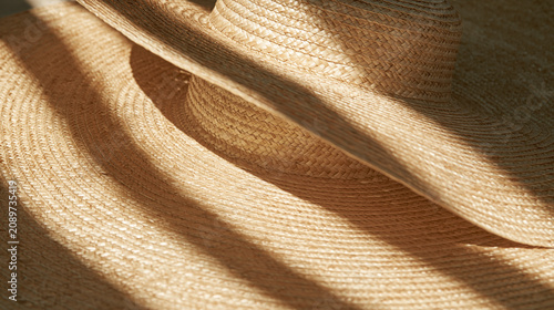 Woven straw beach hat texture in warm sunlight