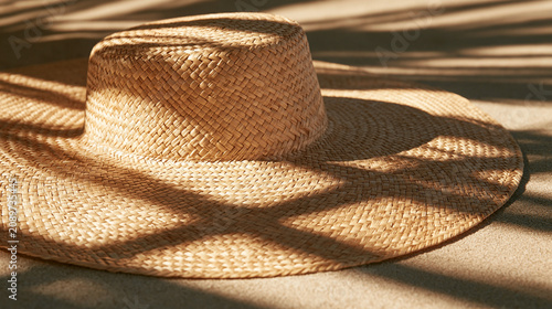 Classic straw beach hat in golden sunlight