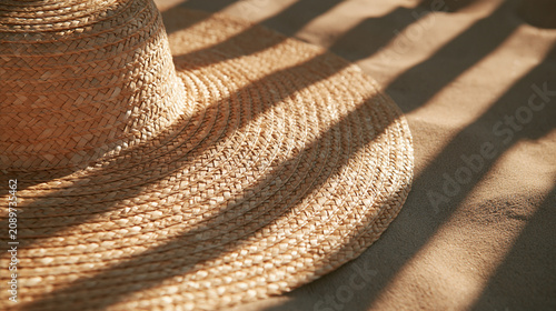 Sunlit straw beach hat with bold woven pattern shadows