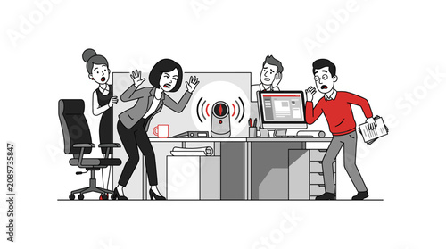 Foto Business team members react in alarm to loud alarm sound from office device