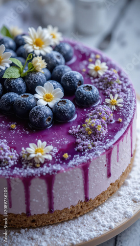 Beautifully decorated cake featuring vibrant purple topping adorned with fresh blueberries and delicate flowers. cake has crumbly base and glossy finish, creating inviting and delightful dessert