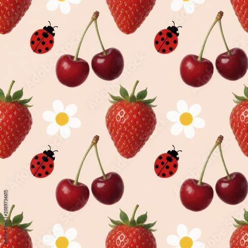 Seamless pattern with strawberries, red cherries, white daisy flowers