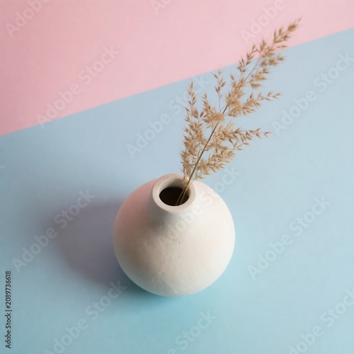 Small round white ceramic vase holding dried grass stems on split
