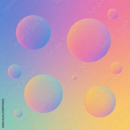 Floating holographic spheres in soft pastel gradient, liquid bubbles