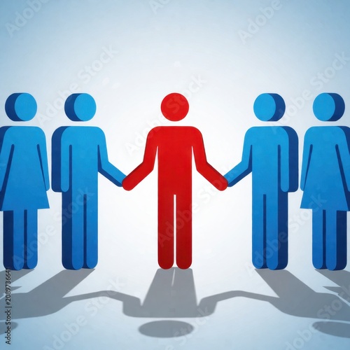 Red human figure holding hands with blue stick people, representing