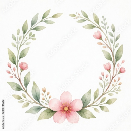 Watercolor floral wreath with pink blossoms and green leaves, spring