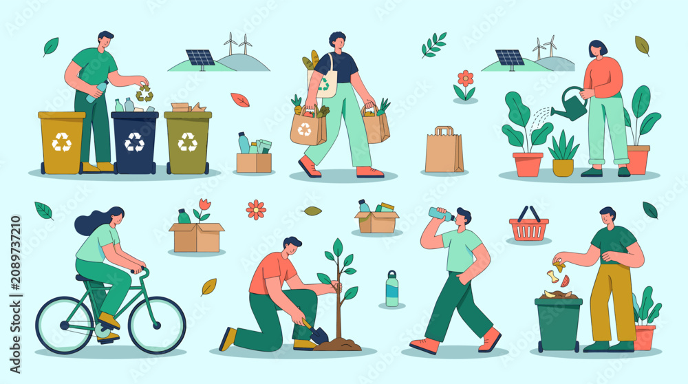 Fototapeta premium People engaging in eco-friendly activities like recycling and planting trees in urban settings with various objects.