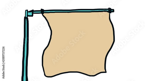 A flag or piece of fabric hanging from a hanger is fluttering on the screen due to a strong wind.