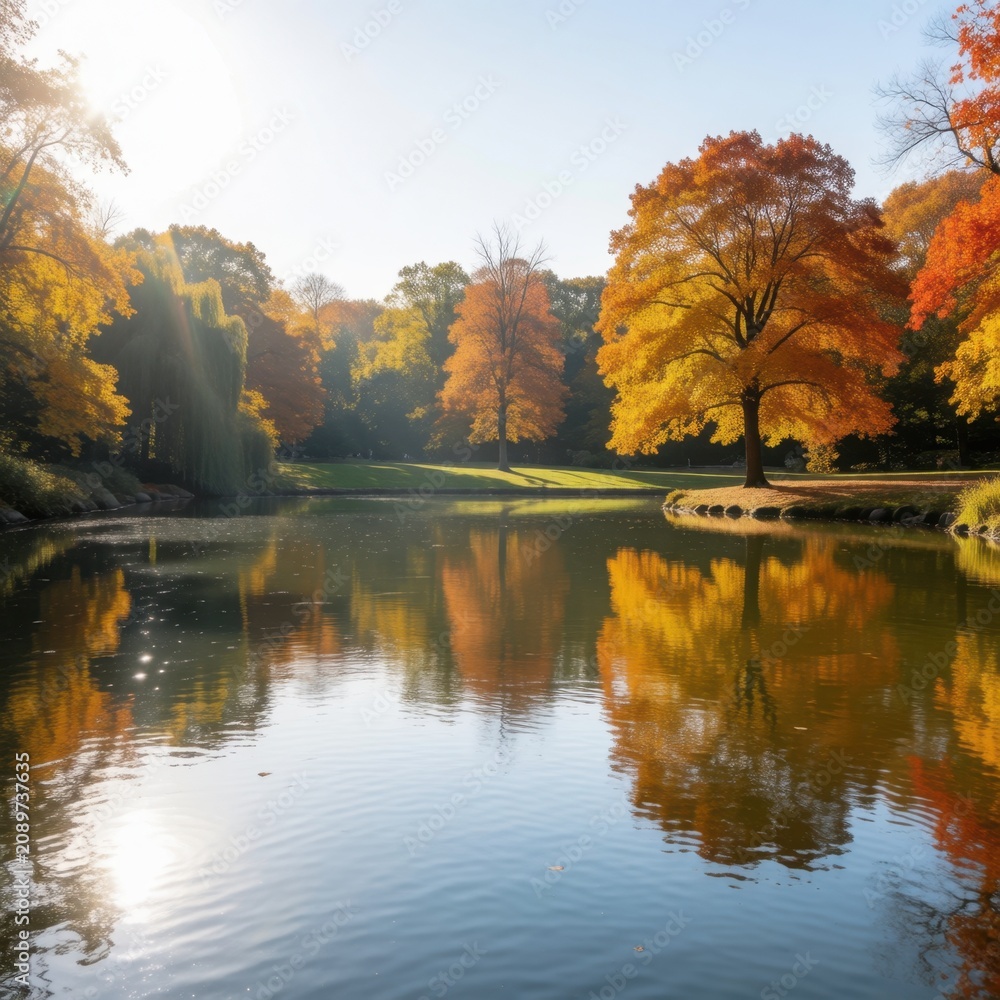 Obraz premium Autumn landscape with colorful trees reflected in a calm pond under