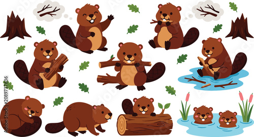 Εκτύπωση καμβά Cute beaver cartoon character vector set showing various poses including gnawing