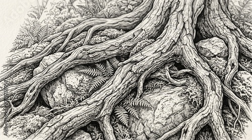 Detailed black and white ink drawing of powerful old tree roots growing over rocks with ferns and moss, nature illustration