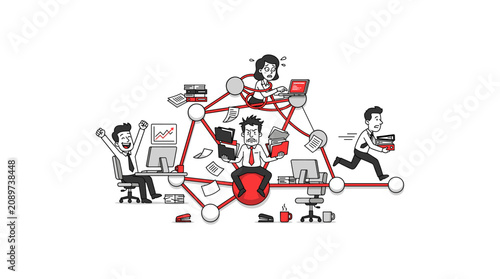 Complex business network with people managing information flow and multitasking challenges.