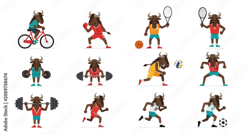 Fototapeta premium Set of Bull Mascot Characters Engaging in Various Sports and Fitness Activities