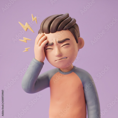 3D cartoon illustration of a young man holding his head in pain with lightning bolt symbols representing a severe headache or migraine