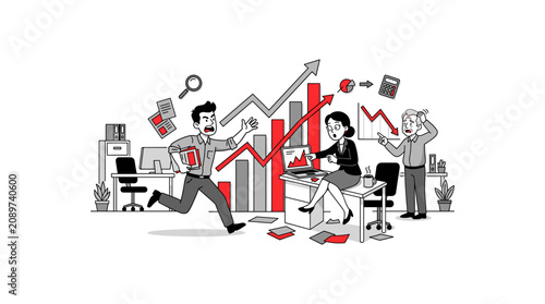 Schilderij op canvas Business people in panic over financial charts and declining stock market data