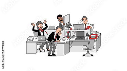 Schilderij op canvas Team of office workers reacting with panic and confusion to malfunctioning smart tech device