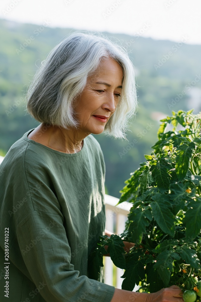 Fototapeta premium Mature woman gardening on a balcony with tomato plants in green shirt for home gardening background and wellness banner design