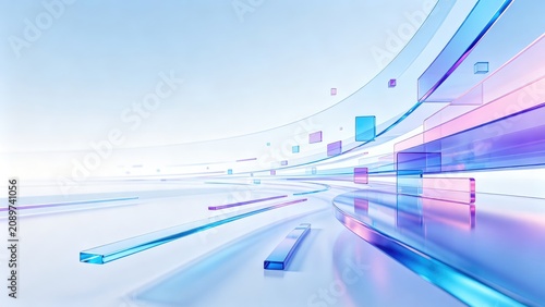 Futuristic blue purple glass data pathway with transparent digital technology layers, idea for AI network connection, software innovation, and modern abstract background design