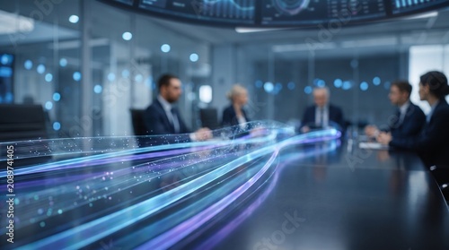 Corporate business team in office boardroom viewing holographic data visualization of fiber optic network flow during professional strategy meeting