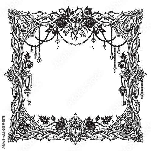 Ornate Gothic Frame Border with Thorns, Roses, Padlocks, and Keys