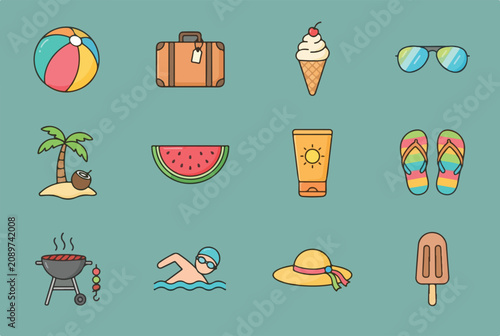 Tableau sur toile Summer seasonal vector icon set, beach, travel, ice cream, sunglasses, palm tree, watermelon, sunscreen, flip flops