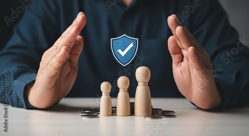 Person protecting family, shield with checkmark, wooden figures, coins on table protection