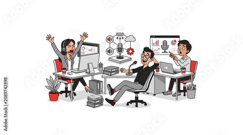 Excited business team successfully managing voice assistant tasks in a collaborative office.