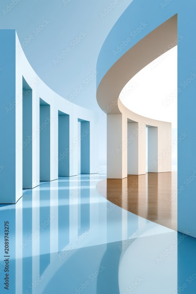 Obraz premium Abstract modern architectural corridor with curved columns, reflective floor and soft natural light