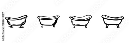 Bathtub In Hand Drawn Style Set. Bathroom Decor Doodle Sketch Collection. Home Interior Design Elements. Isolated Vector Illustration