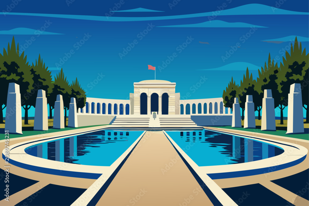 Obraz premium Illustration of the australian war memorial in canberra with a reflecting pool and trees under a blue sky
