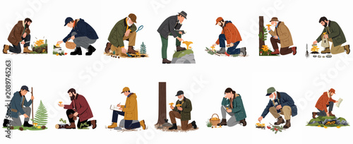 Konstfotografi Illustrative set of people foraging for wild mushrooms in the forest, gathering, studying, and drawing various types of fungi in nature