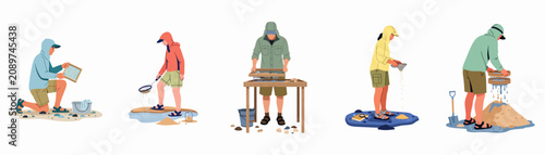Foto Set of diverse characters sieving and sifting sand, soil, and water for archaeological research, geological study, or treasure hunting activities
