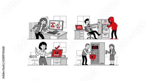 Set of four images showing cyber security threats and data protection solutions.