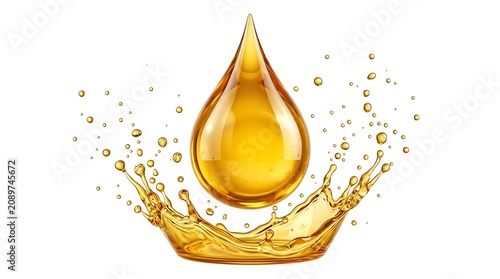 Golden liquid droplet splash, with teardrop-shaped main drop and splashing droplets around, on white background