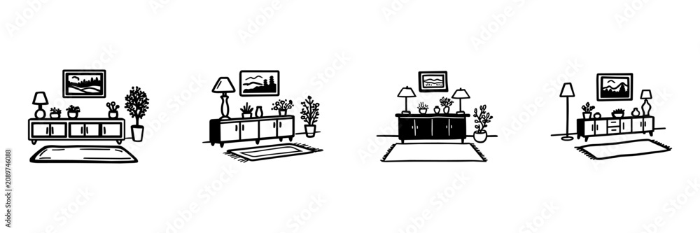 Fototapeta premium Living Room Interior Elements In Hand Drawn Style Set. Home Decor Doodle Sketch Collection. Ideal For Interior Design Projects And. Isolated Vector Illustration