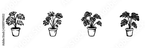 Potted Plant In Hand Drawn Style Set. Botanical Doodle Sketch Collection. Home Decor And Gardening Context. Isolated Vector Illustration