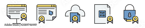 Conjunto de iconos de certificación digital. Representa validación de documentos. Incluye certificados, nube, código QR, archivos seguros y autenticación. Ilustración vectorial