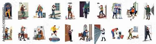 Fotografía Diverse collection of vector illustrations showing photojournalists and investigators documenting various disaster scenes, abandoned locations, and hazardous environments