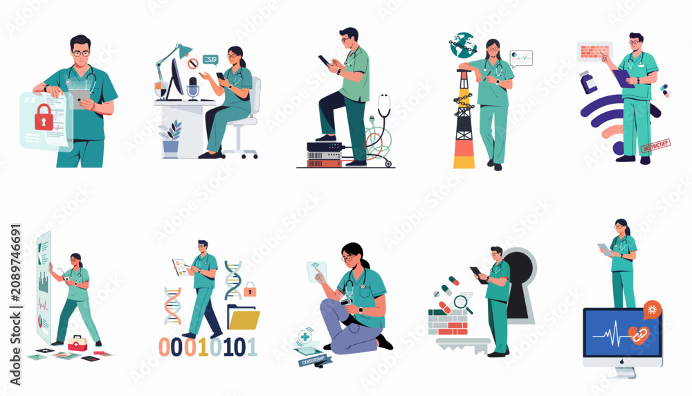 Fototapeta premium Modern medical professionals interacting with digital healthcare concepts including data security, genetic research, and global connectivity in a flat vector illustration style.