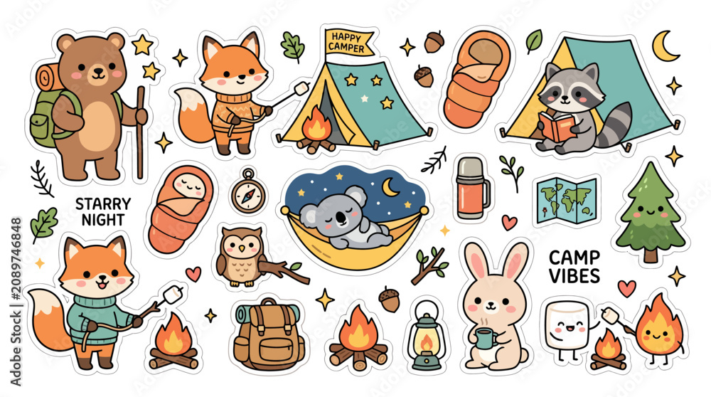 Fototapeta premium Cute cartoon animal camping sticker set with woodland creatures and camping equipment.