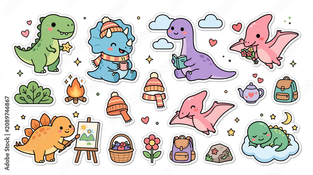 Fototapeta premium Cute Cartoon Dinosaur Sticker Set Collection.