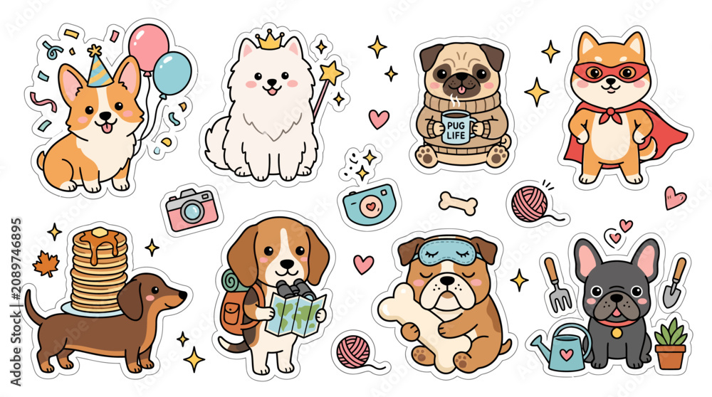 Obraz premium Cute cartoon dog sticker set with various breeds and activities.
